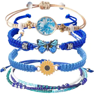 F-HBL06 4PCS String beads Charm Bracelets for Teen Girls Dainty cute cartoon Butterfly Daisy Eternal flower Beads Bracelets set for woman and girls Adjustable Stretch bracelet birthday Gift For Friends