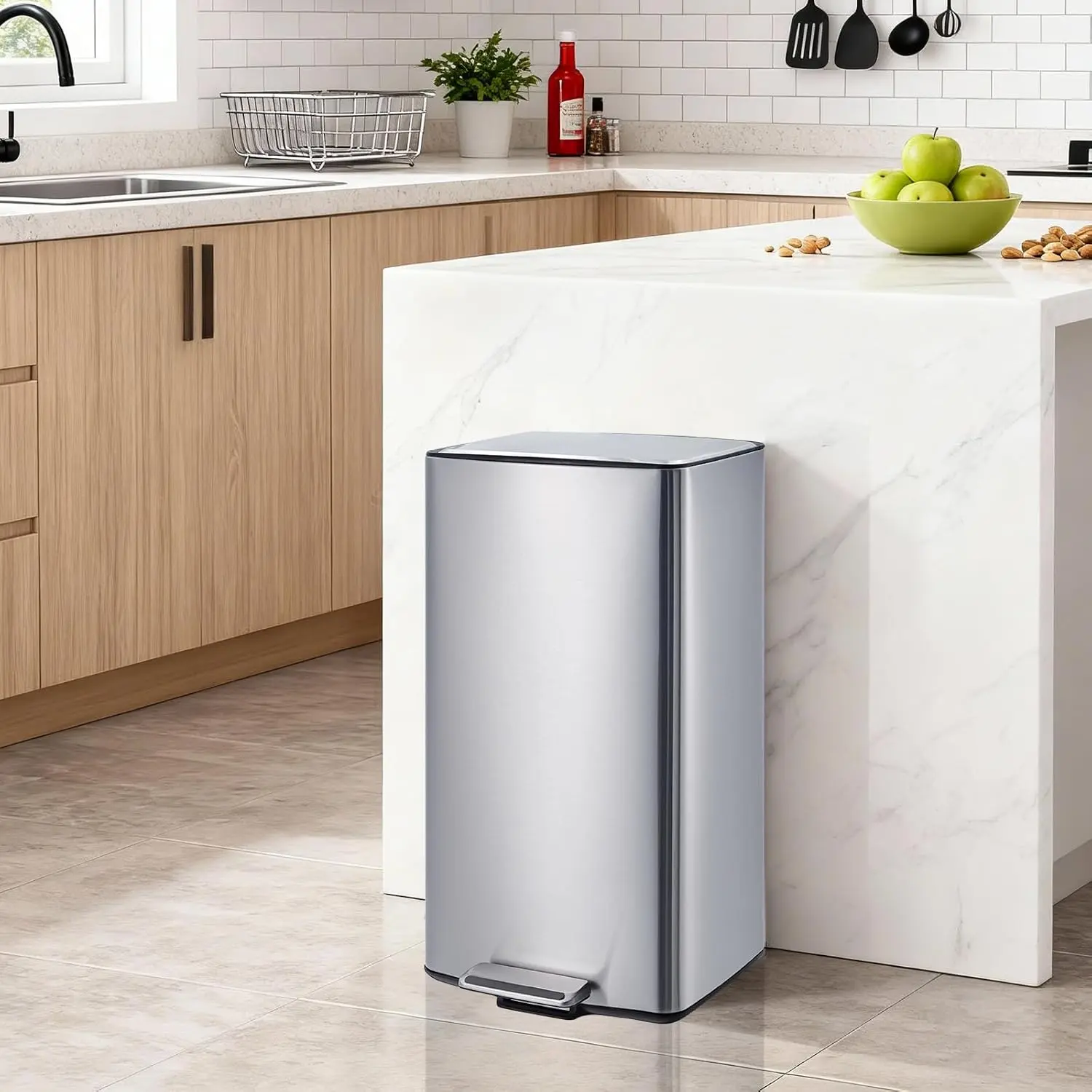 40L / 10.6 Gal Stainless Steel Kitchen Trash Can, Soft Close Lid, Built-In Filter, Removable Bucket, Foldable Foot Pedal, Rectangular Waste Bin,