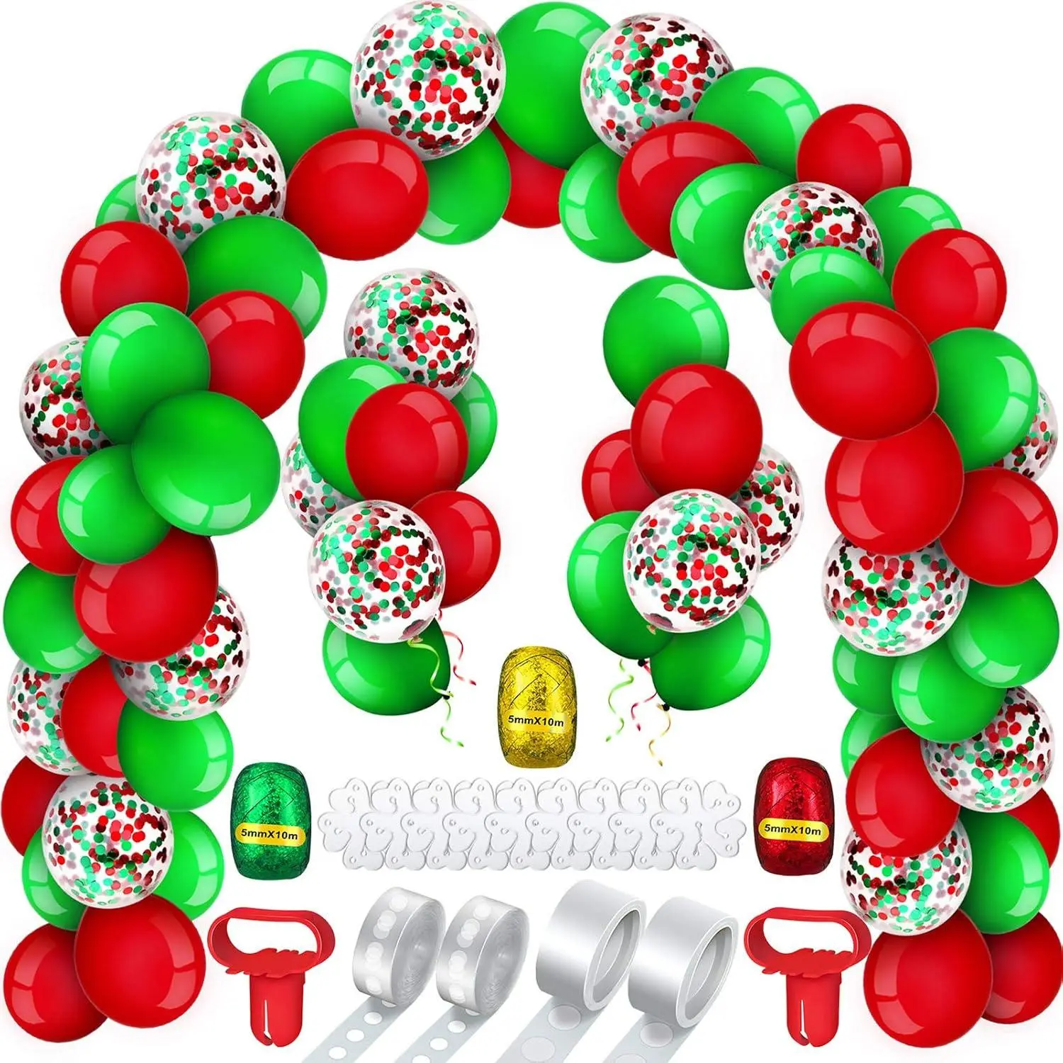 189 Pieces Christmas Balloons Garland Kit, Red And Green Latex Balloons Confetti Balloons, Balloon Tie Tools, Balloon Strip Tape, Adhesive Dots, Balloon Clips And Balloons Ribbons