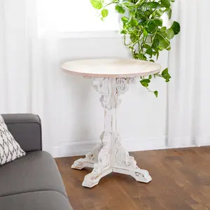 Scroll Cream Wood Distressed Carved Side End Accent Table with Brown Wood Top
