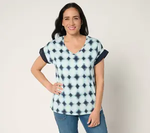 AnyBody Cozy Knit Shibori Basic Tee with Woven Sleeve Detail