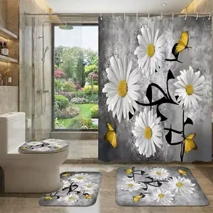 4Pcs Shower Curtain Set White Daisies, Yellow Butterflies, Gray Texture, Bathroom Sets with Rugs, Christmas Halloween Thanksgiving, Bathroom Decor, Elegant White Daisies With Yellow Centers And Golden Butterflies On Textured Gray Background