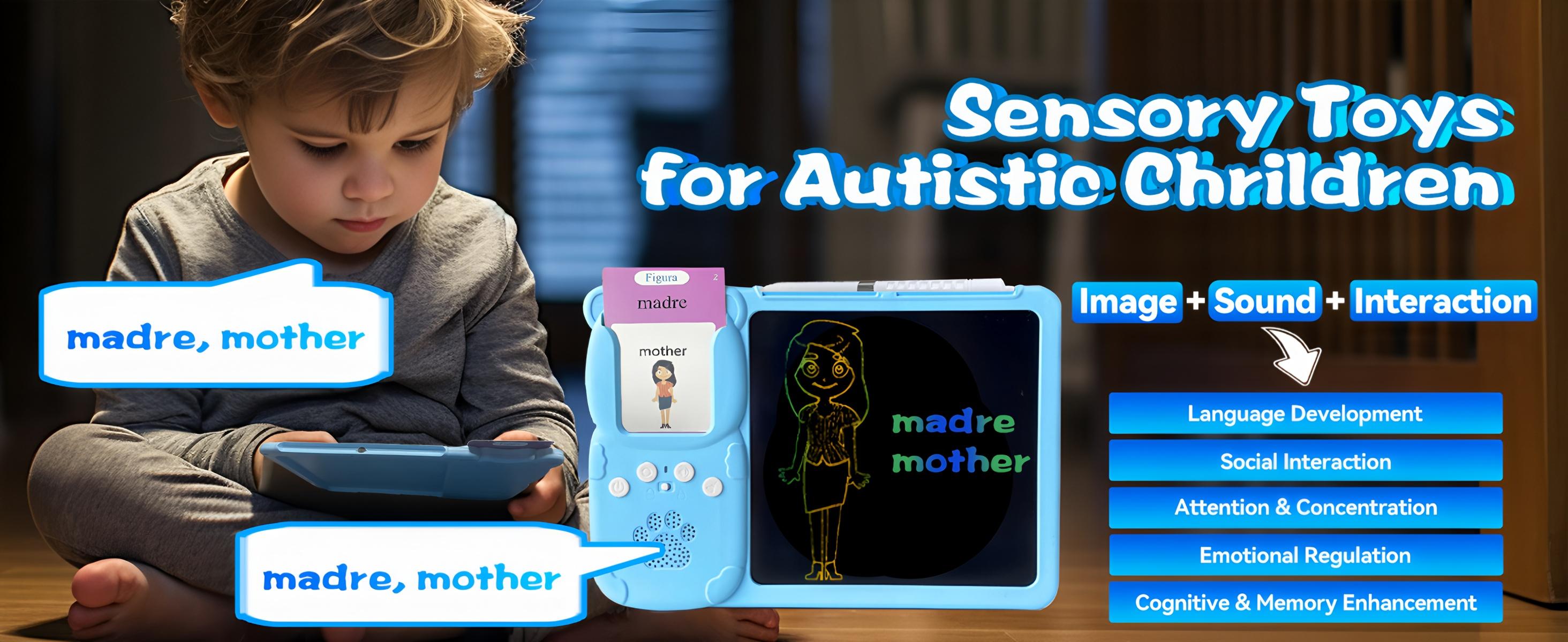 KidGenius English & Spanish Flash Card Set with 3 Language Modes 8 Inch LCD Writing Board 510 Vocabulary Words Durable Reusable Design for Kids Perfect Homeschool Teacher Tool  Holiday Learning Gift Ideal for Autism Therapy - Bear Visual Stimulation Cards