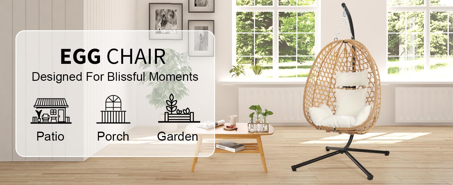 Boho Style Patio Swings with Stand- 350lbs Weight Capacity, Single Hanging Egg Chair with Cushions, Hammock Swing Chair  for Bedroom, Balcony, Garden