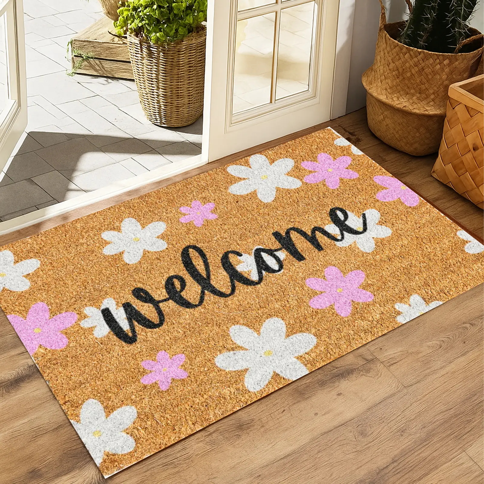 Cute Pink and White Daisy Floral Coir Front Door Welcome Mat, Non-Slip Rubber Backing, Durable Modern Indoor Rug, Soft Fluffy Outdoor Entrance Rug for Porch Patio, Aesthetic Housewarming Decor Gift