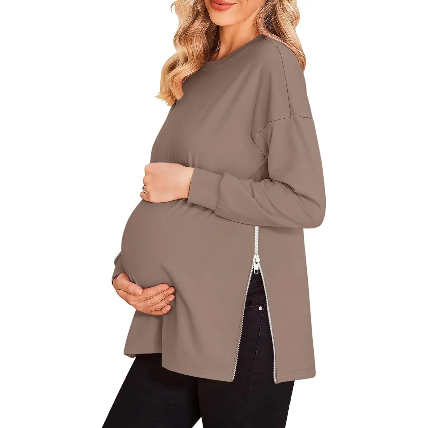Women's Maternity Crew Neck Sweatshirt - Soft Skin-Friendly Cotton Long-Sleeve Tunic with Drop Shoulder, Zipper Split Side for Home, Casual Wear | Maternity Outfits, Pregnancy Clothes, Maternity Clothing, Expectant Mothers