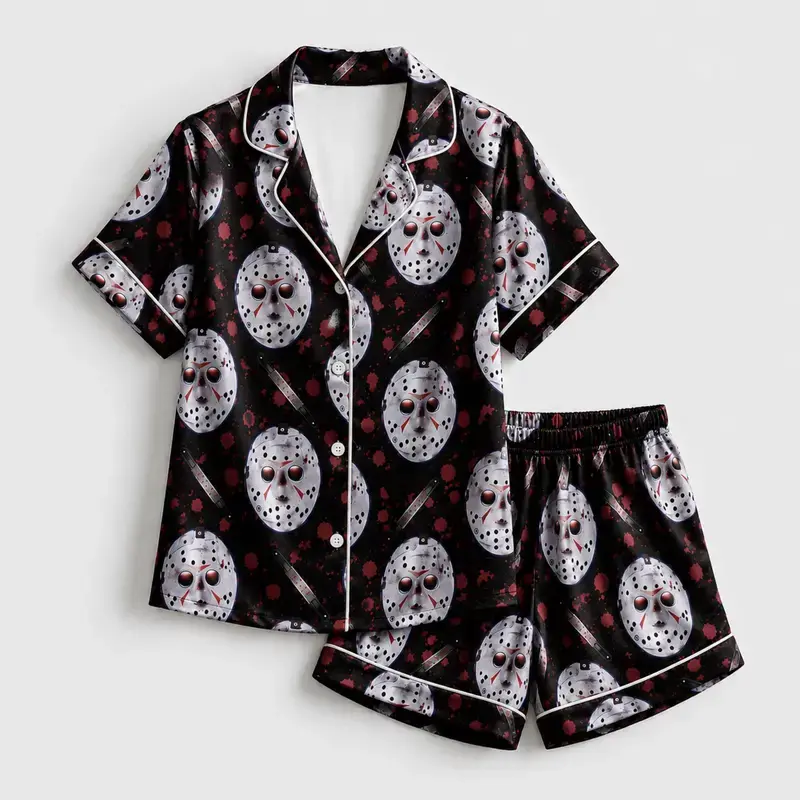 Jason Inspired Horror Pajama Set for Women – Retro Slasher Movie Sleepwear, Spooky Halloween Loungewear