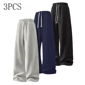 3-Pack Men’s Loose Wide-Leg Athletic Pants, Drawstring Elastic Waist Casual Street Style Full-Length Pants