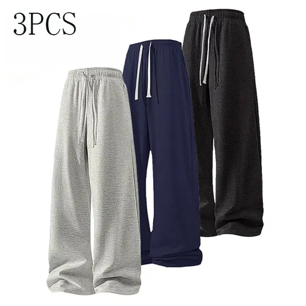 3-Pack Men’s Loose Wide-Leg Athletic Pants, Drawstring Elastic Waist Casual Street Style Full-Length Pants