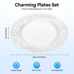 CNCEST 100-Piece Silver 13" Round Charger Plates with Embossed Rim Elegant Tableware for Weddings & Dinners Classic Shape & Silver Color Modern Design PP Material Lightweight & Stackable