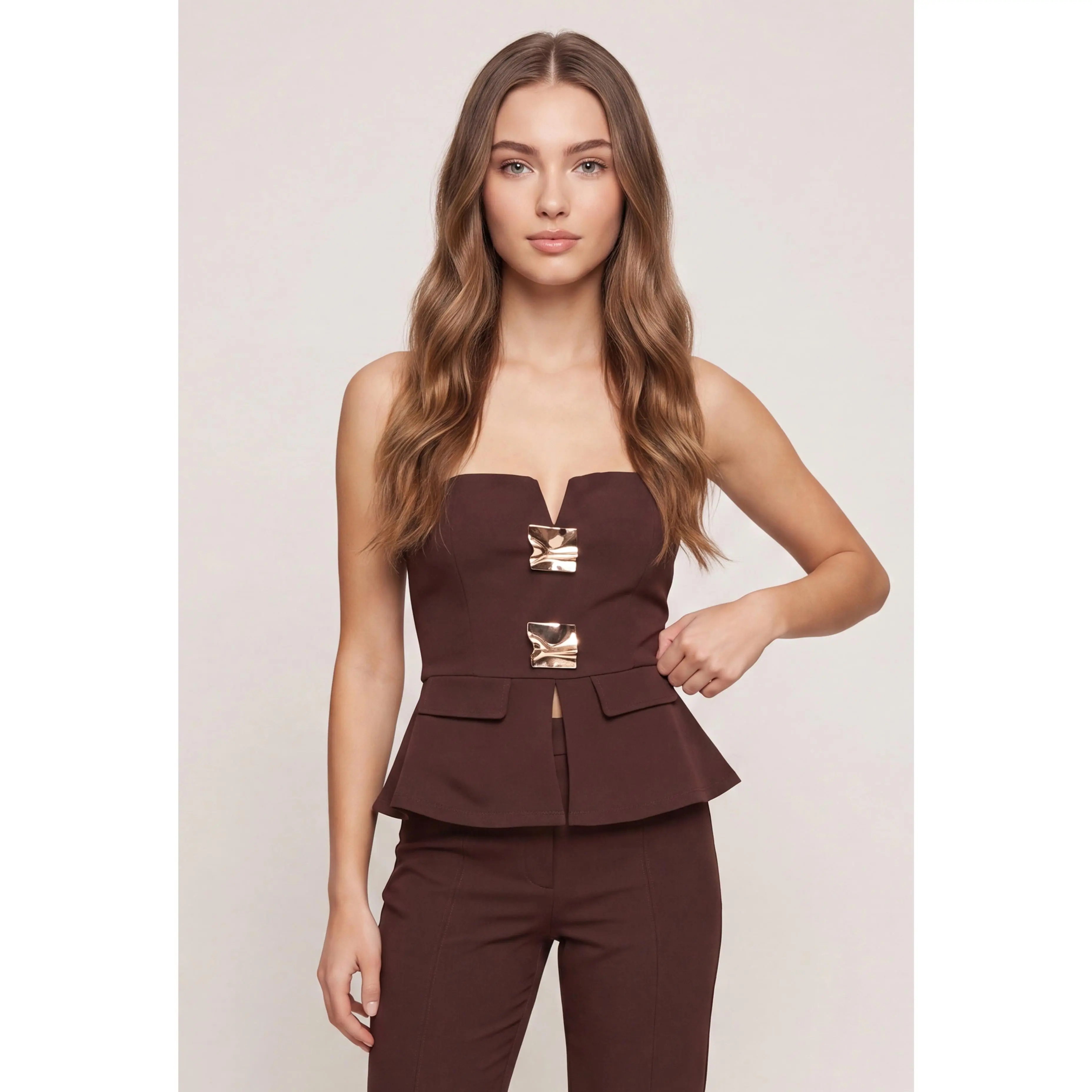 Metallic Detail Strapless Peplum Top