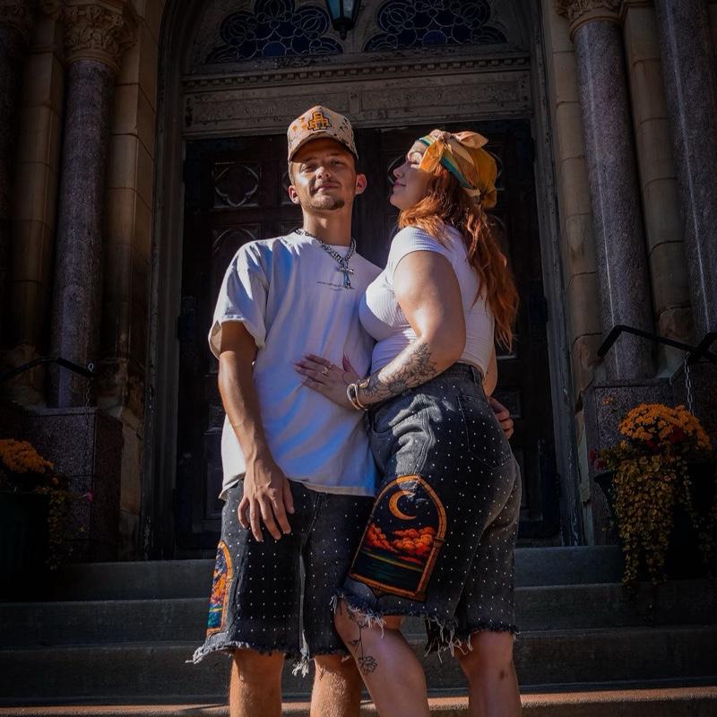 Starry Night Jean Jorts with Unique Starry Pattern and Distressed Hemline