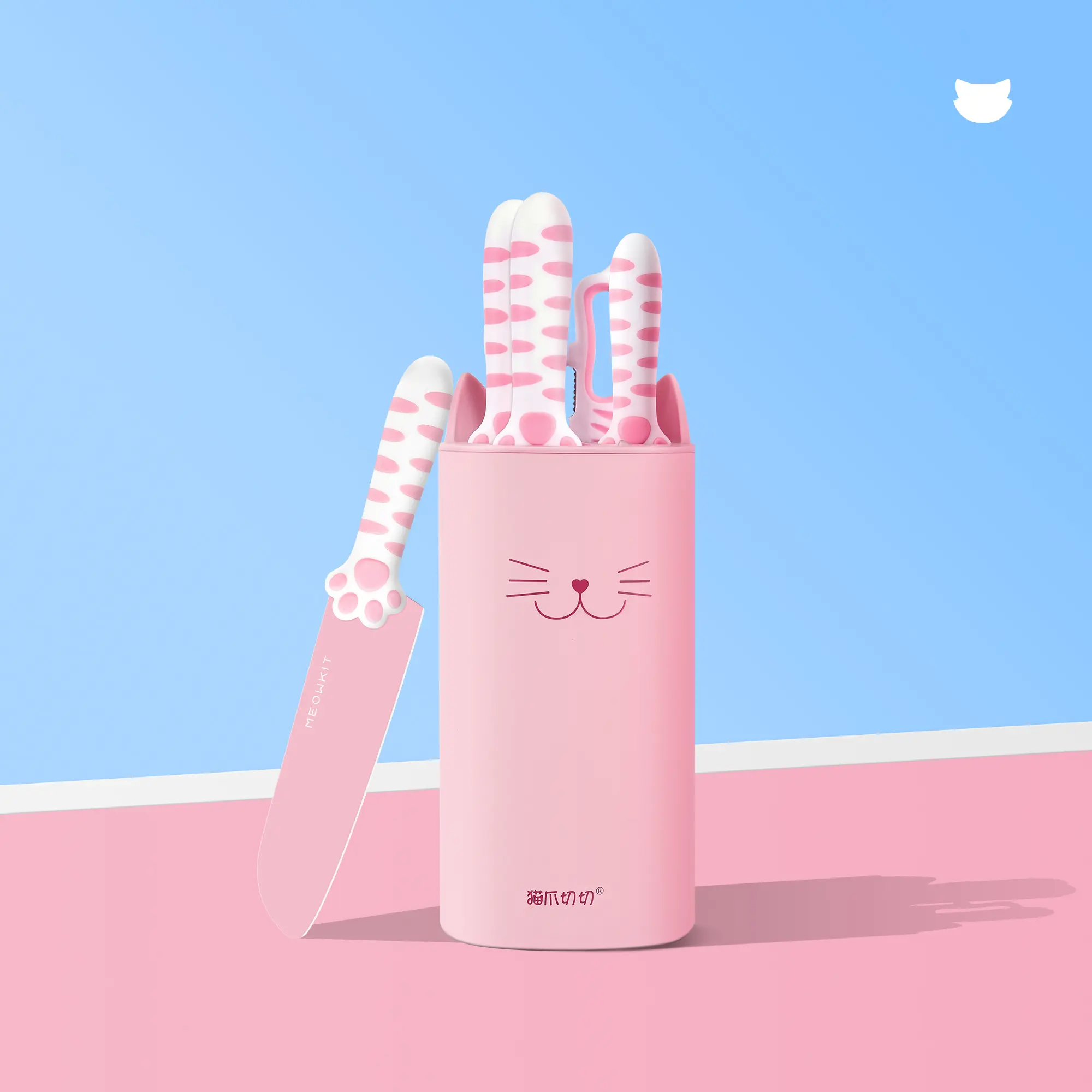 Meowkit Soft Pink Aesthetic 5-Piece Kitchen Knife Set with Detachable Block - Stainless Steel Blades, Ergonomic Handles, Nonstick Design for Home Cooking, Meat Cutting