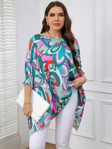 Women's Summer Plus Size Colorful Round Neck Print Half-Sleeve Top, Casual Comfortable Daily Wear, Loose Fit Long Clothing, Casual Boho Blouses