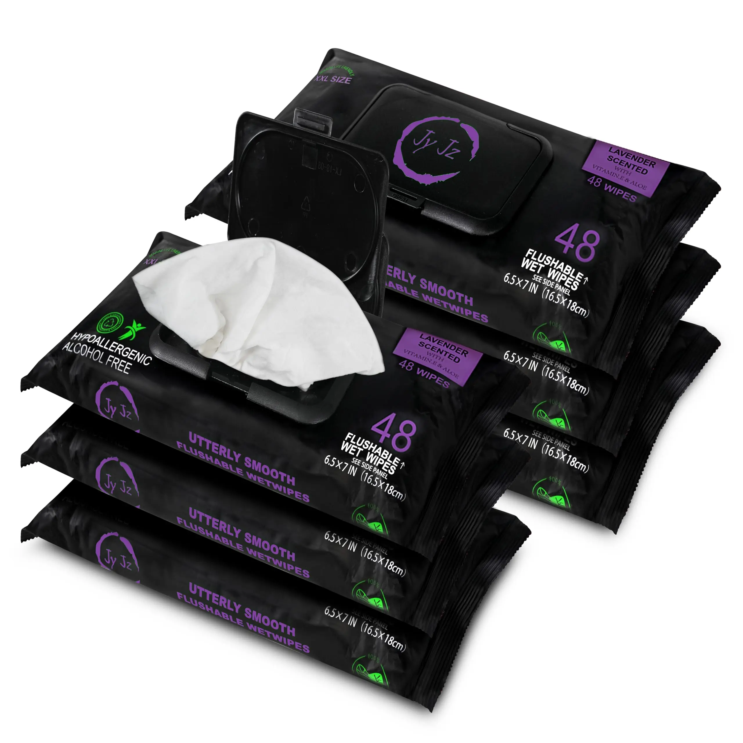 Flushable Wet Wipes, 6 Pack (288 Wipes), New & Improved Lavender, Disposable, Biodegradable, Extra-Large With Aloe & Vitamin-E, Drain and Marine Life Friendly, Utterly Smooth, Irresistible!