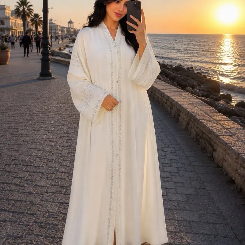 Women's Beautiful White Stone-Work Abaya Dress