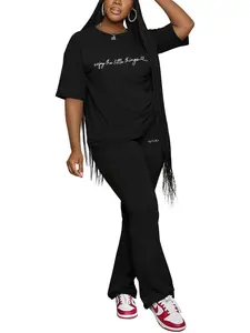 Letter Print Women's Casual Spring & Fall 2-Piece Tracksuit, Short Sleeve Top with Flared Pants, Fashionable and Comfortable Sportswear for Everyday Use