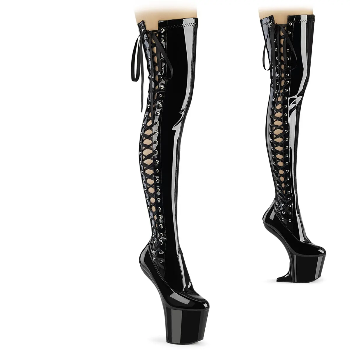 Women's Thigh-High Boots in Black Shiny Stretch Synthetic Patent with an 8 in No Heel Platform, Side Lace-Up & Convertible Wedge