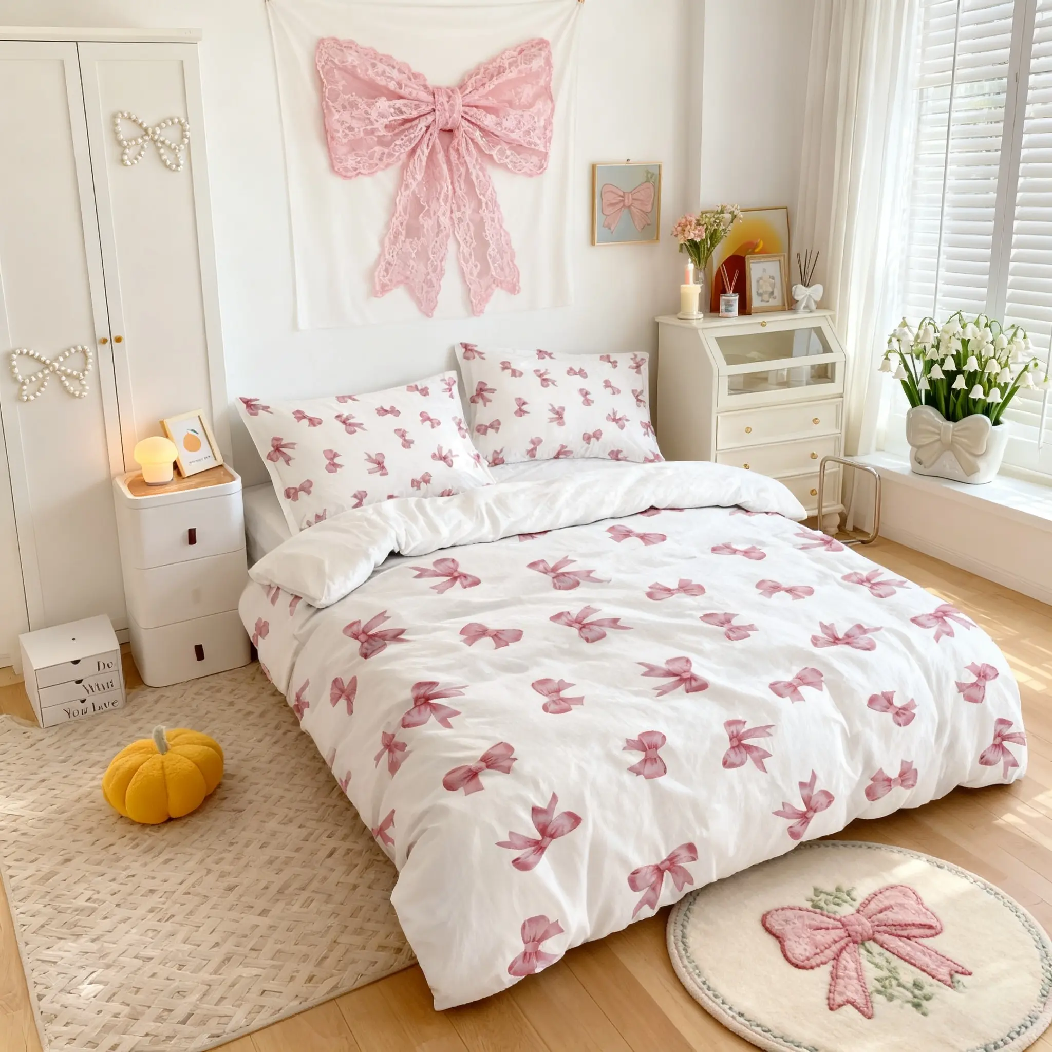Bed sets supplies, Bow bedding set, 3-piece set (1 quilt cover + 2 pillowcases, coreless), pink princess style bow print quilt cover set, machine washable and available in all seasons, soft and comfortable