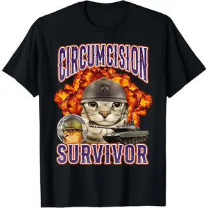 Circumcision Survivor Cat Meme Funny Casual Short Sleeve Cotton T-Shirt