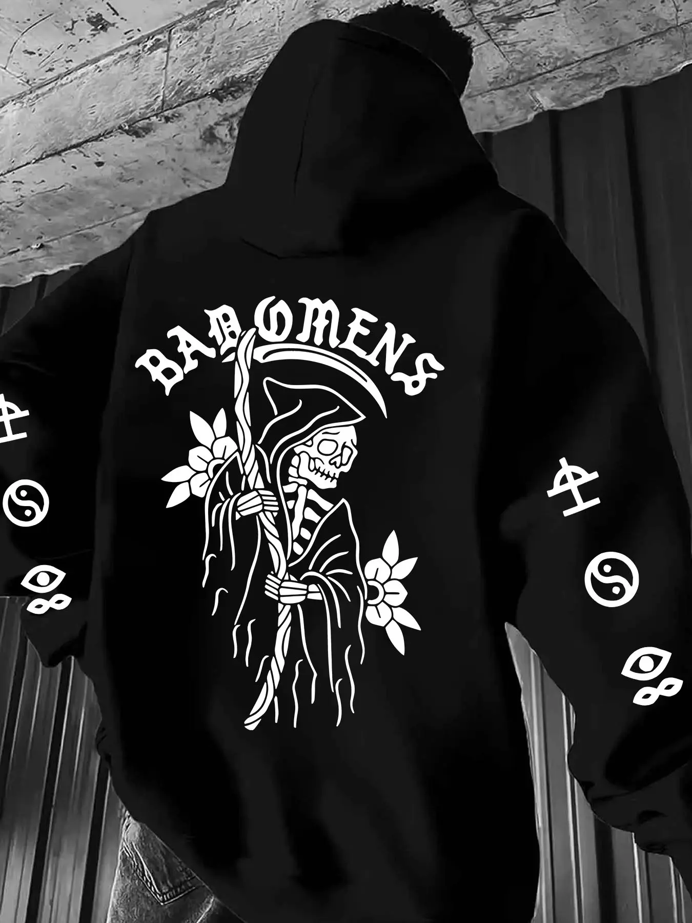 Unisex Edgy Reaper Graphic Oversized Hoodie – Black & White Print, "Bad Omens" Typography & Skeleton Design, Dark Streetwear Aesthetic, Soft Fleece Fabric, Relaxed Fit, Perfect for Alternative Fashion Fans, Durable High-Quality Print
