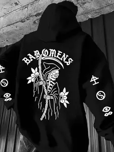 Unisex Edgy Reaper Graphic Oversized Hoodie – Black & White Print, "Bad Omens" Typography & Skeleton Design, Dark Streetwear Aesthetic, Soft Fleece Fabric, Relaxed Fit, Perfect for Alternative Fashion Fans, Durable High-Quality Print