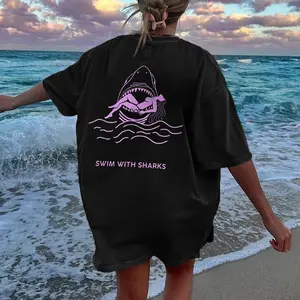 Swim With Sharks Printed T-shirt, Women's Loose Hoodie, Casual Clothes, Summer Shirt, Classic Stylish Tee