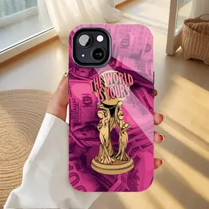 Scarface THE WORLD IS YOURS Eye-Catching Pink Gradient Phone Case for iPhone - Golden Statue Design, Durable & Stylish, Perfect for Trendsetters & Daily Use - Compatible with iPhone 11/12/13/14/15/16 (Pro Max/Plus)