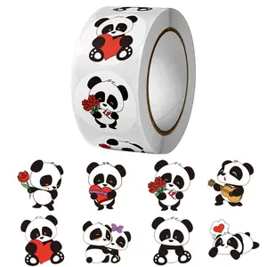Lovely Cartoon Panda Pattern Sticker, 500pcs/roll Round Self Adhesive Decorative Sticker, Decorative Sticker for Gift Greeting Card Water Bottle Laptop Phone