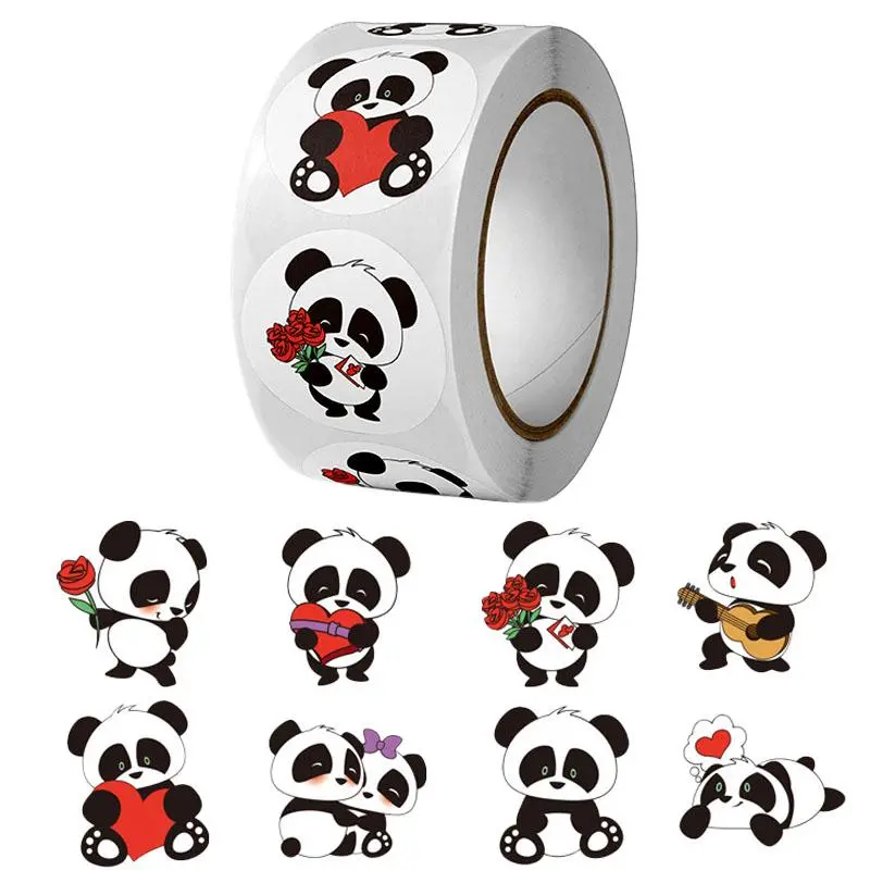 Lovely Cartoon Panda Pattern Sticker, 500pcs/roll Round Self Adhesive Decorative Sticker, Decorative Sticker for Gift Greeting Card Water Bottle Laptop Phone Self Adhesive Stickers, Cute Animal Stickers