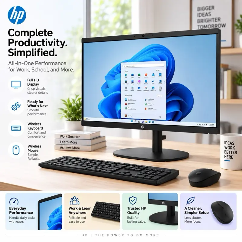 HP 22-dg0000i All-in-One Computer - Intel N-Series N200 - 8 GB - 512 GB SSD - 21.4" Full HD - Desktop - Jet Black -Keyboard - Mouse