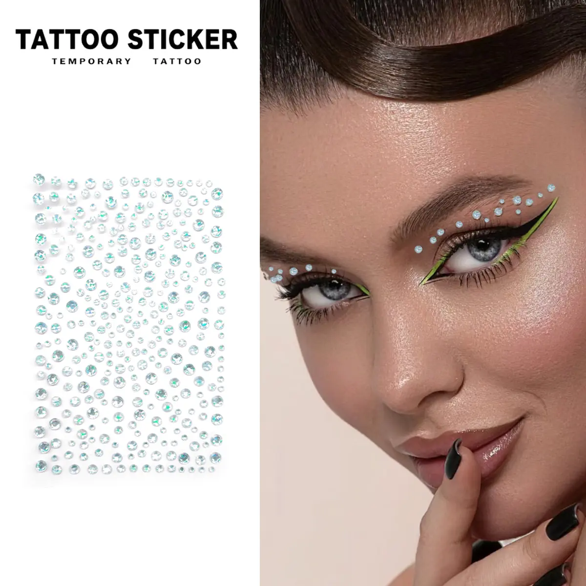 2PCS Temporary Tattoo Stickers, Iridescent Clear Rhinestone Face Gem Waterproof Fake Tattoos for Women, Eye Makeup Face Body Gem Stickers for Festival Rave Party Cosplay