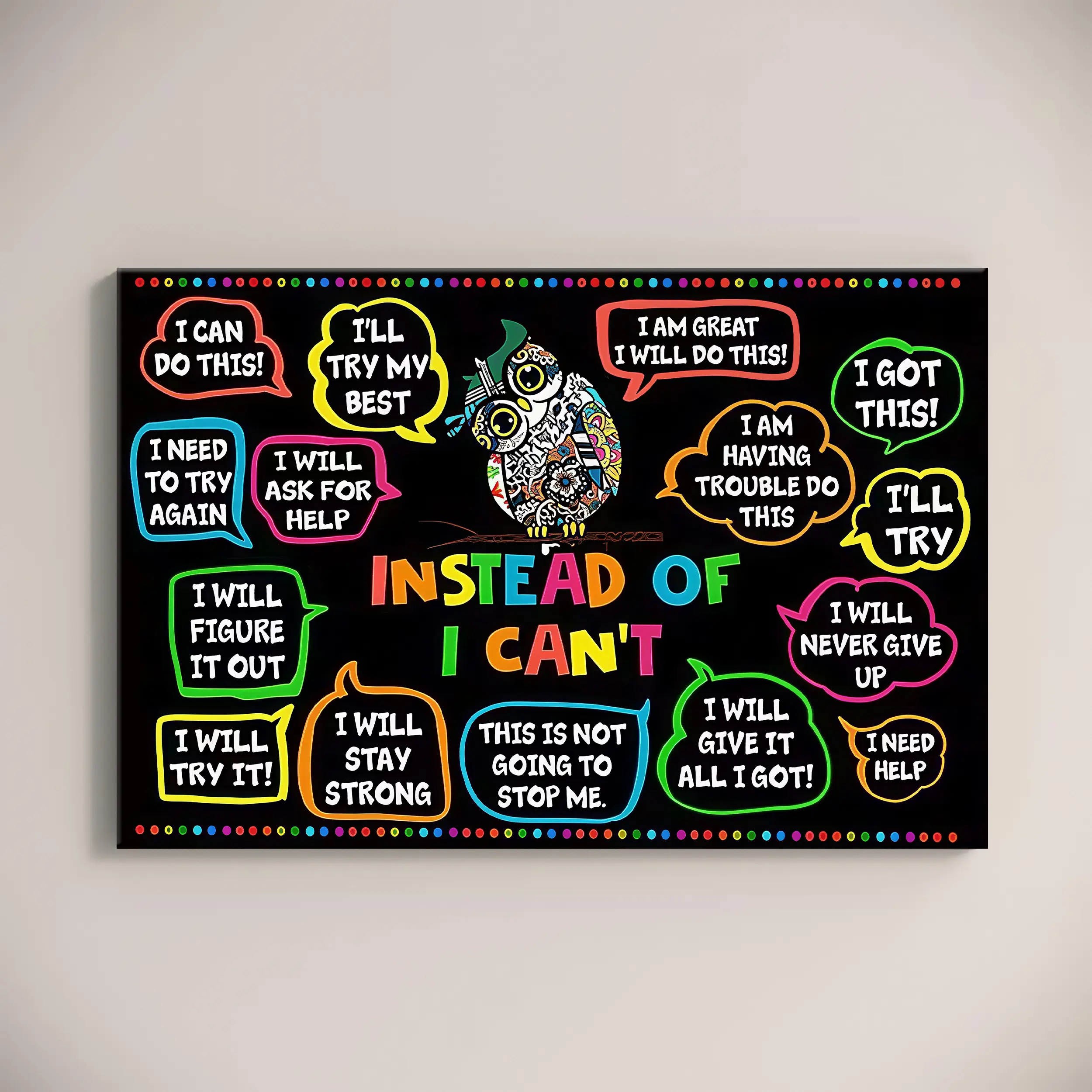 Growth Mindset Waterproof Wood-Framed Canvas Wall Art - "Instead Of I Can't" Educational Poster, Back to School Teacher Gift, Plaid-Polka Dot-Houndstooth Owl Decor for Kid Room & Classroom