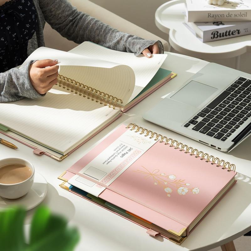 Hardcover Spiral Note Taking 5 Subject Notebook College Ruled with Dividers 240 Pages 100GSM Aesthetic Spiral Notebook for Work School Cute Journals for Women Writing