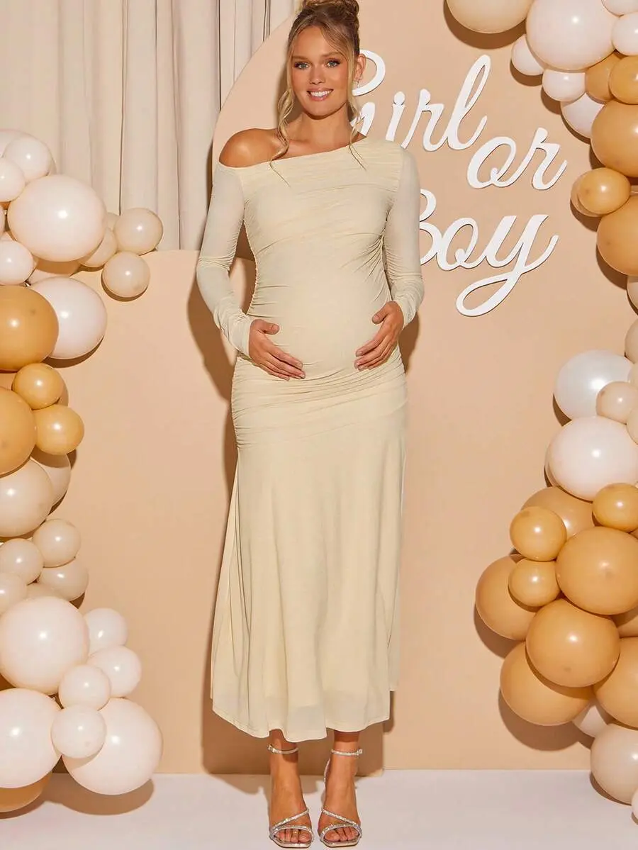 MaterniRIO Elegant Maternity Party Solid Color Asymmetric Neck Dress Gender Reveal Baby Shower Beige Pregnancy Photoshoot Guest Outfit Fall