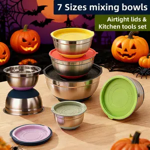 Fmvkoe 20pcs Heavy-Duty Stainless Steel Mixing Bowls Set with Airtight Lids - 201 Rust-Resistant Nesting Bowls (7, 3.5, 2.5, 2, 1.5, 1, 0.67QT) Non-Slip Silicone Base, Color-Coded Lids & Polish for Baking,, Serving - Large Bowl Kitchenware Halloween