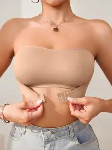 Women's Solid Wireless Bra with Clear Straps, Invisible Strapless Push Up Bra, Buckle Front Lingerie for Daily Wear, Comfortable Breathable Minimalist Lingerie for Women, Underwear, Womenswear