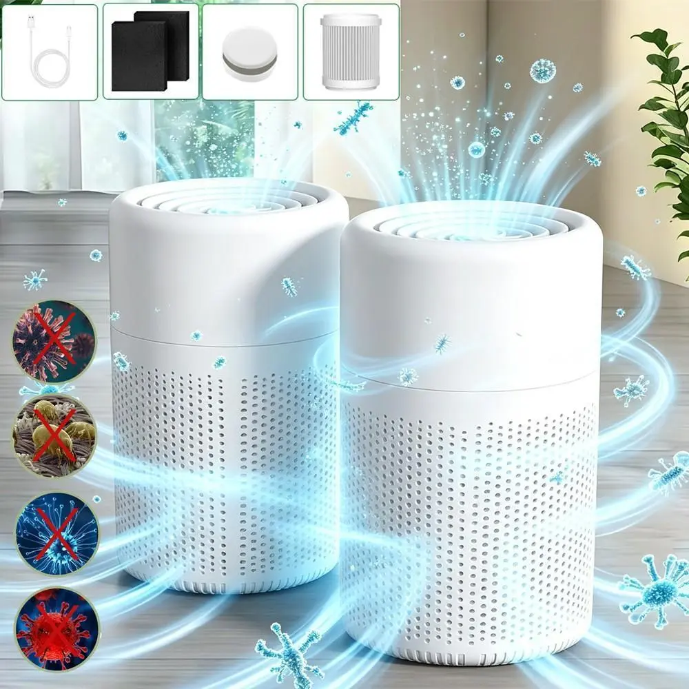 2‑Pack HEPA Air Purifiers for Bedroom & Home, H13 Filter Cleaner with Ionizer, Odor Eliminator, Type‑C & USB Power Supply, 24dB Quiet Filtration,  ABS Housing, Removes Smoke, Dust, Pollen & Pet Dander