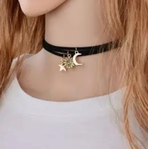 Black Choker with Moon and Star Charms for Women's Fashion Accessory