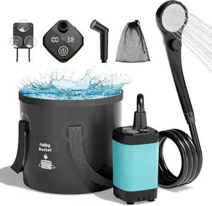 Camping Shower,6000mAh Rechargeable Shower Pump, with Filtered Shower Head & 5-Gallon Foldable Bucket & Spray Gun Head,  Solar Shower, Camping Shower Head for Beach Camping, Hiking, Traveling, Washing Outdoor Leakproof Durable Handle Strap Compact