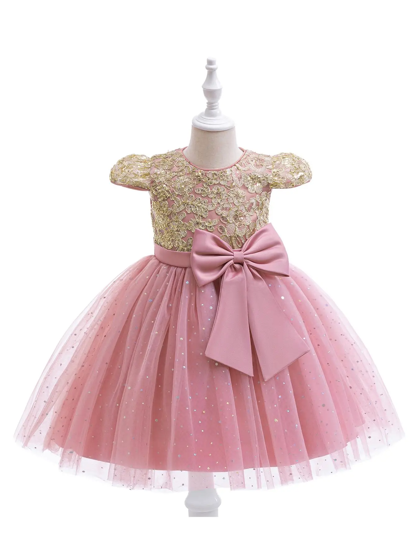 Girl's Contrast Sequin Bow Decor Zipper Back Tulle Dress, Elegant A Line Dress for Party Pageant, Kids Tutu Clothes for Summer