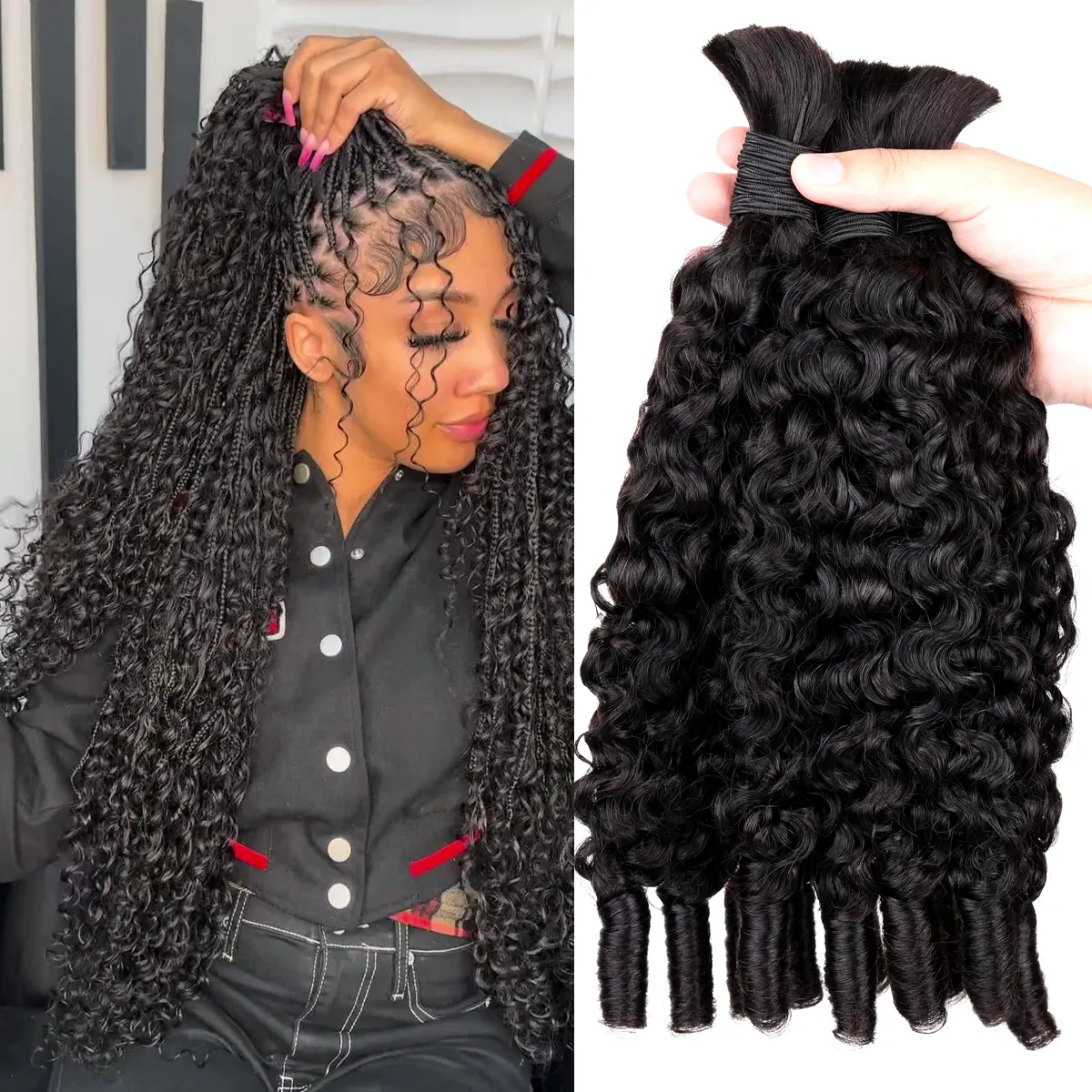 Perismoda Hair 16A Virgin Hair Boho Burmese Curly Bulk 100g Human Braiding Hair No Weft Spiral Curly Knotless Bohemian Braids 100g 1/3 Bundles 1B Natural Black Salon Hair