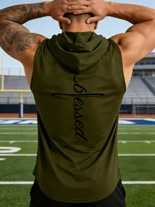 "Blessed" Calligraphy Art Back Print Men's Hooded Sleeveless Vest, Faith Style Daily Wear, Gift for Religious Enthusiasts / Father's Day / Valentine's Day, Suitable for Commute / Church