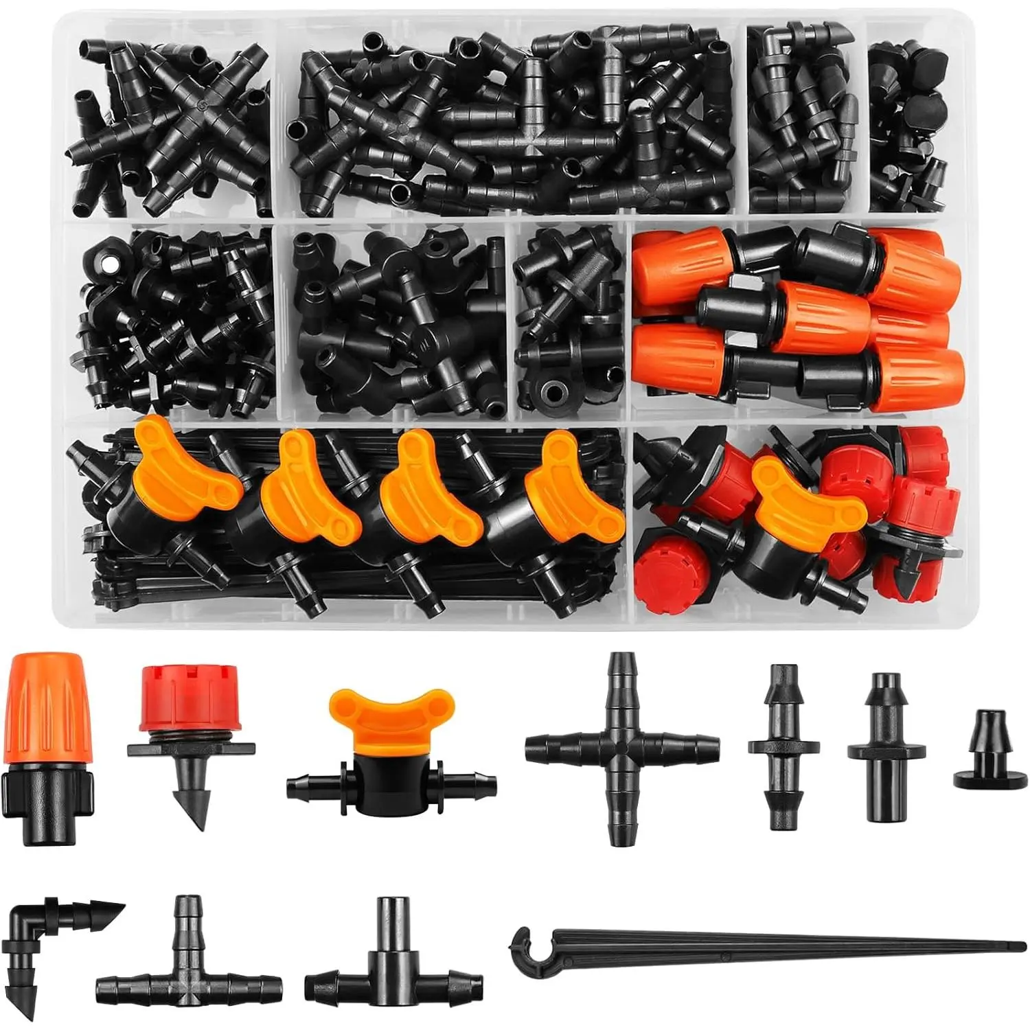 Drip Irrigation Fittings Kit for 1/4" Tubing, 220 count Drip Line Connectors for Drip Systems - Valves, Nozzles,  Drips, Single barbs, 4 Way Cross, Tees, Couplings, End Plugs, Elbows, Hose Stakes