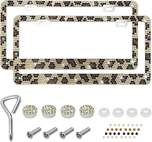 2 PCS Bling, Rhinestone, Leopard, License Plate Frame, Rustproof Car Tag Holder with Screws, Fits Standard US Cars Trucks