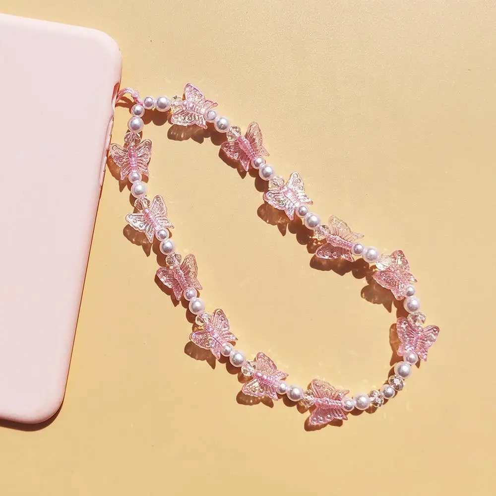 Fashion Artificial Crystal Butterfly Beaded Phone Chain, Acrylic Artificial Pearl Decor Mobile Phone Ornament, Fashion Phone Pendant for Women