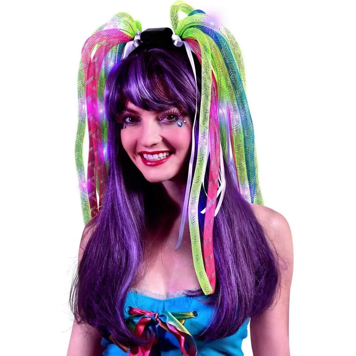 Neon Rave Noodle Hair Headbands with Purple LEDs Comfy Springy Mesh Noodles for Party Fun Batteries Replaceable CPSIA Compliant