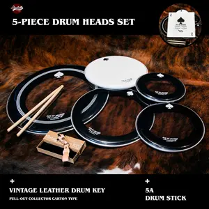 BEATELLO ACE OF SPADES Drumhead Set with 5A Drumsticks & Leather Drum Key 5-Pack Bass Tom Snare Heads for Rock Jazz Studio Live Performance accessories