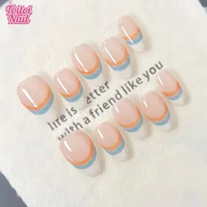 Stripe French Handmade Press-On Nails | Medium Almond Shape, 10pcs | Fresh Sunny Stripe French Design | Sheer Nude Base & Orange Blue Contrast Stripe & White French Edge & High Gloss Accents | Reusable DIY Nail Kit for Women | Trendy Nails for Spring