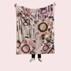 Luxury Makeup Flannel Blanket Soft Cozy Lightweight Throw for Bedding Home Décor and Comfort Features Blush Cotton Pads Lipstick Perfume Eyebrow Pencil